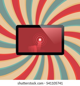 Digital tablet with shiny sensor screen with touch hand on abstract swirl colorful lines retro background. Electronic smart device. Mobile gadget. Vector illustration