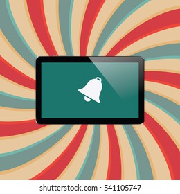 Digital tablet with shiny sensor screen on abstract swirl colorful lines retro background. Electronic smart device. Mobile gadget. Vector illustration