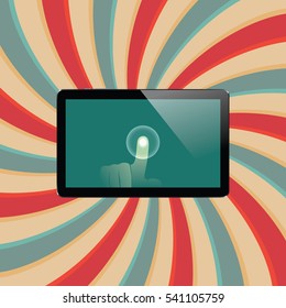 Digital tablet with shiny sensor screen with touch hand on abstract swirl colorful lines retro background. Electronic smart device. Mobile gadget. Vector illustration