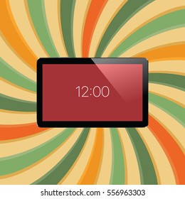 Digital tablet with shiny sensor screen on abstract swirl colorful lines retro background. Electronic smart device. Mobile gadget. Vector illustration