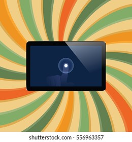 Digital tablet with shiny sensor screen with touch hand on abstract swirl colorful lines retro background. Electronic smart device. Mobile gadget. Vector illustration