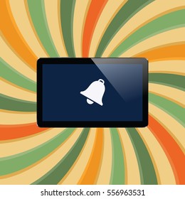 Digital tablet with shiny sensor screen on abstract swirl colorful lines retro background. Electronic smart device. Mobile gadget. Vector illustration