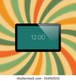 Digital tablet with shiny sensor screen on abstract swirl colorful lines retro background. Electronic smart device. Mobile gadget. Vector illustration