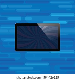Digital tablet with shiny sensor screen. Electronic smart device on abstract smooth blocks blue seamless background. Mobile gadget. Vector illustration