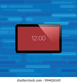 Digital tablet with shiny sensor screen. Electronic smart device on abstract smooth blocks blue seamless background. Mobile gadget. Vector illustration