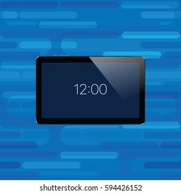 Digital tablet with shiny sensor screen. Electronic smart device on abstract smooth blocks blue seamless background. Mobile gadget. Vector illustration