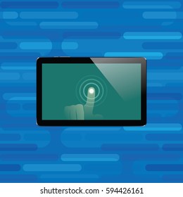Digital tablet with shiny sensor screen with touch hand on abstract smooth blocks blue seamless background. Electronic smart device. Mobile gadget. Vector illustration