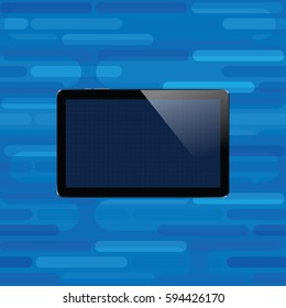 Digital tablet with shiny sensor screen. Electronic smart device on abstract smooth blocks blue seamless background. Mobile gadget. Vector illustration