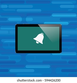 Digital tablet with shiny sensor screen. Electronic smart device on abstract smooth blocks blue seamless background. Mobile gadget. Vector illustration