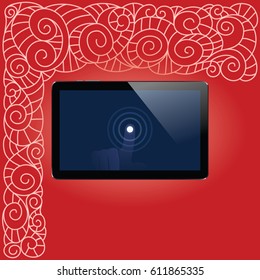 Digital tablet with shiny sensor screen with touch hand on red vintage hand drawn corner background. Electronic smart device. Mobile gadget. Vector illustration