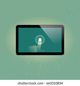 Digital tablet with shiny sensor screen with touch hand on light green vintage hand drawn corner background. Electronic smart device. Mobile gadget. Vector illustration