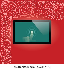 Digital tablet with shiny sensor screen with touch hand on red vintage hand drawn corner background. Electronic smart device. Mobile gadget. Vector illustration