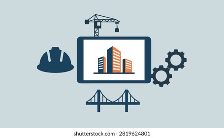 Digital tablet showcasing a real estate construction project with supportive icons for engineering and design.