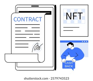 Digital tablet with signed contract, NFT certificate, person holding cash back sign. Ideal for technology use, digital contracts, cryptocurrency, customer rewards, modern finance. Clean graphic style