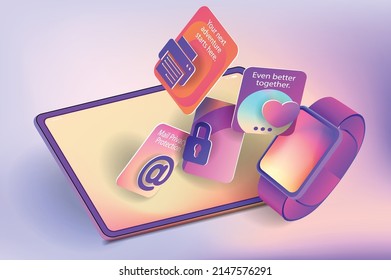 Digital tablet and smart watch with three-dimensional icons. Vector banner