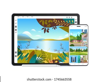 digital tablet and smartphone with beautiful wallpapers on screens realistic mockup gadgets and devices concept isolated vector illustration