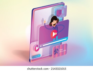 Digital tablet in space and cartoon video hosting interface. Vector banner
