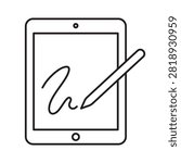 Digital tablet with stylus line icon with editable stroke. Graphic tablet for drawing, studying, and online education isolated on white background.