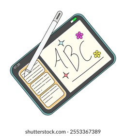 Digital Tablet with Stylus Pen and Handwritten ABC Letters, relevant to depict modern digital tools used for learning, creativity and productivity.