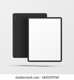 Digital tablet with touchpad realistic mockup. E-reader with empty blank touchscreen. Front, back side with camera. Portable mobile device for education. Vector digital tablet isolated illustration.