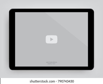 Digital tablet with touchscreen display of video player interface. Vector illustration.