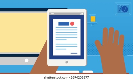 Digital tablet used for reading documents in modern office vector illustration.