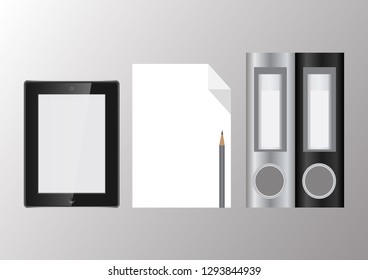 Digital tablet, white sheet of paper, folders, pencil on a light gray background. Vector illustration for your design.