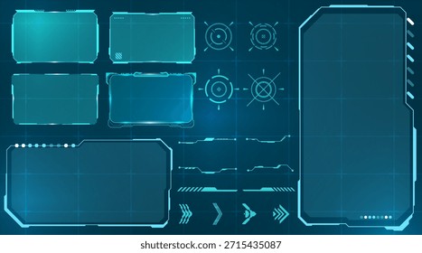 Paquete de diseño táctico digital HUD. Un moderno conjunto de diseño HUD con marcos de interfaz holográficos, indicadores de objetivos y Elementos de pantalla virtuales.