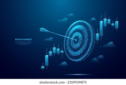 Digital target with bow arrow in bullseye with Japanese candlestick. Abstract stock market concept. Low poly wireframe vector illustration. Futuristic hologram in technology blue. Vector illustration.