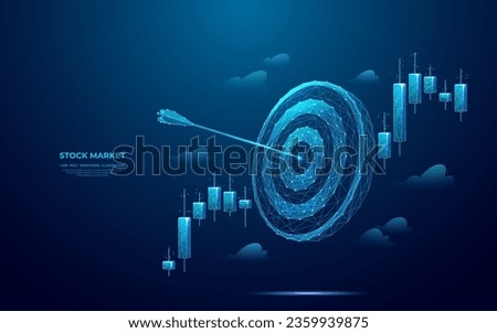 Digital target with bow arrow in bullseye with Japanese candlestick. Abstract stock market concept. Low poly wireframe vector illustration. Futuristic hologram in technology blue. Vector illustration.
