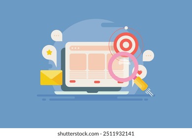 Digital target marketing, SEO público-alvo, Promoção de e-mail, Campanha de mídia social, Estratégia de marketing de conteúdo - ilustração vetorial com ícones