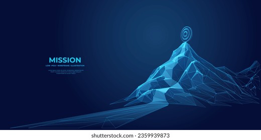 Digital target on a peak of mountain. Abstract business goal and success concept. Road to the top. Futuristic low poly wireframe vector illustration. Leadership metaphor on technology blue background