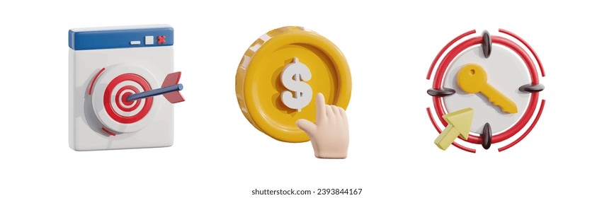 digital target success strategy with arrow aim on website browser. Hand click on dollar coin. Target Keyword with Key Symbol aim. 3D Icon illustration set SEO concept Isolate on white background