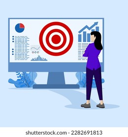 Digital targeting marketing strategy concept, business goals, startup project goals. Woman looking at computer screen with shooting target and arrow in the middle. Modern flat vector illustration