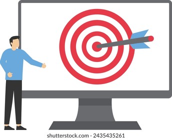 Digital targeting marketing strategy concept, business goals, startup project goals. Woman looking at the computer screen with a shooting target and arrow in the middle. Modern flat vector illustratio