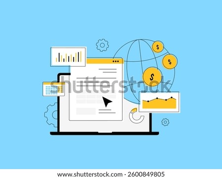 Digital taxation concept with tax document, financial analytics, online payment and government regulations. Modern business digital taxation and e-commerce economy. Vector illustration and icons