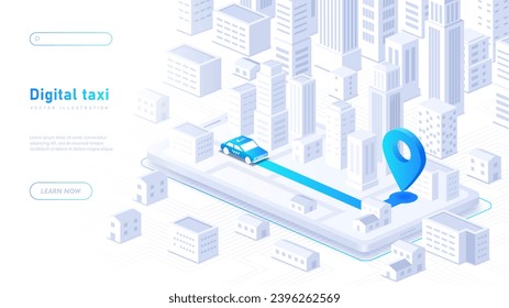 Digitales Taxi weißes Plakat. Auto auf Stadtplan mit Pin an Adresse. Moderne Technologien und Innovationen. Landing Page Design. Cartoon isometrische Vektorgrafik einzeln auf weißem Hintergrund