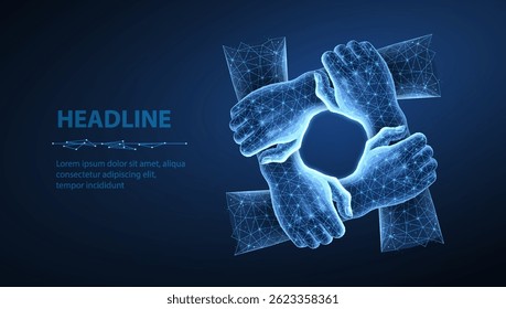 Digital team hands concept. Together network, unity support, community connect, society strength, teamwork collaboration, four people, technology logo, team work group, cooperation partnership.