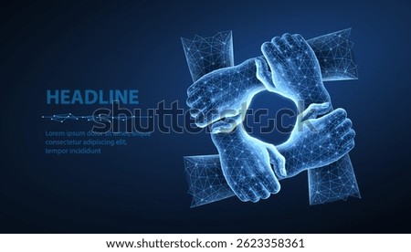 Digital team hands concept. Together network, unity support, community connect, society strength, teamwork collaboration, four people, technology logo, team work group, cooperation partnership.