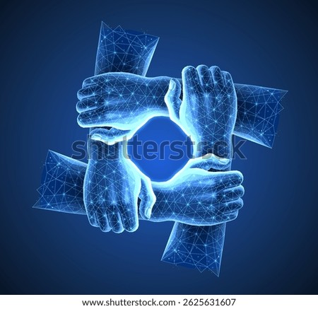 Digital team hands concept. Together network, unity support, community connect, society strength, teamwork collaboration, four people, technology logo, team work group, cooperation partnership.