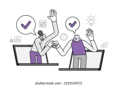 Digital Team Work Through Laptop Hand Drawn Character Illustration