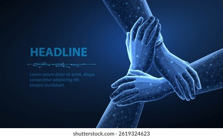 Digital teamwork concept. Together network, unity support, community connect, society strength, teamwork collaboration, four people, technology logo, team work group, cooperation partnership.
