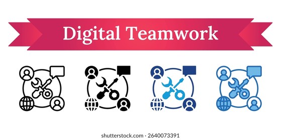 Digital Teamwork Multi Style - Network of tools and user connections symbolizing global collaboration and digital teamwork