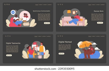 Digital Teamworks concept. Diverse virtual collaboration and management depicted across telecommuting, remote work, and digital tools. Cohesive teamwork in the digital era. Flat vector illustration