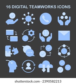 Digital Teamworks Icon Set. Essential collection for virtual collaboration and online project management. Integration, communication, and workflow optimization. Flat vector illustration