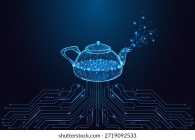 Concepto de tecnología de tetera digital con una caldera de baja poli brillante que emite partículas de neón. Ilustración vectorial de polígono futurista para diseño, creatividad, tecnología y temas de arte digital moderno.