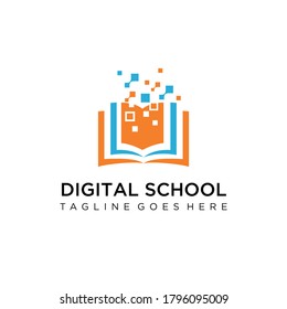 Digital Tech Book Logo Design, Digital School. On-line Educational Blue Vector Logo. Open Book With Pages And Pixels. Virtual I.q. Courses Identity