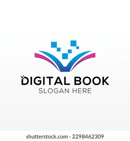 Design des Digital-Tech-Buchs Offenes Buch mit Seiten und Pixeln.