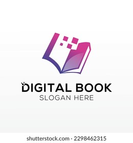 Digital tech book logo design. Open book with pages and pixels.