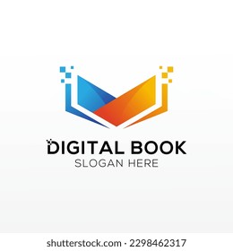 Digital tech book logo design. Open book with pages and pixels.